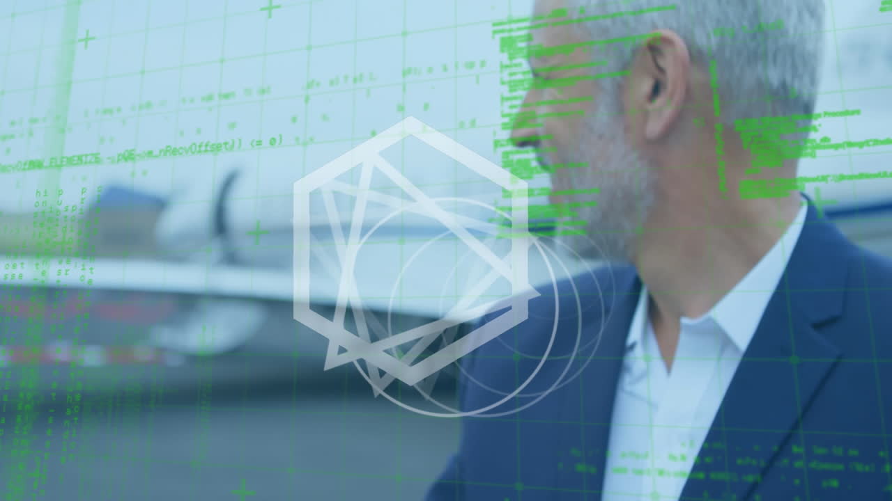 공항 활주로에 서있는 코카서스 고위 사업가에 대한 추상적인 모양과 데이터 처리