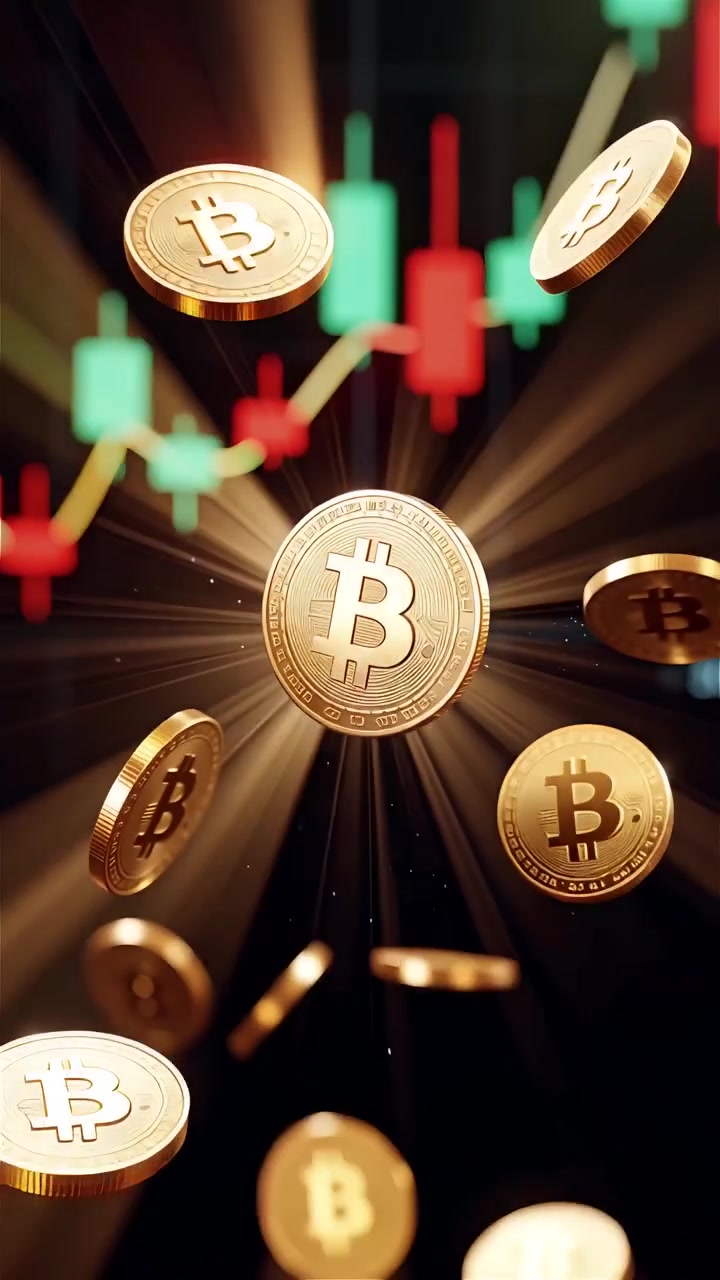 Moedas de Bitcoin douradas com fundo de gráfico de velas desfocado 4K