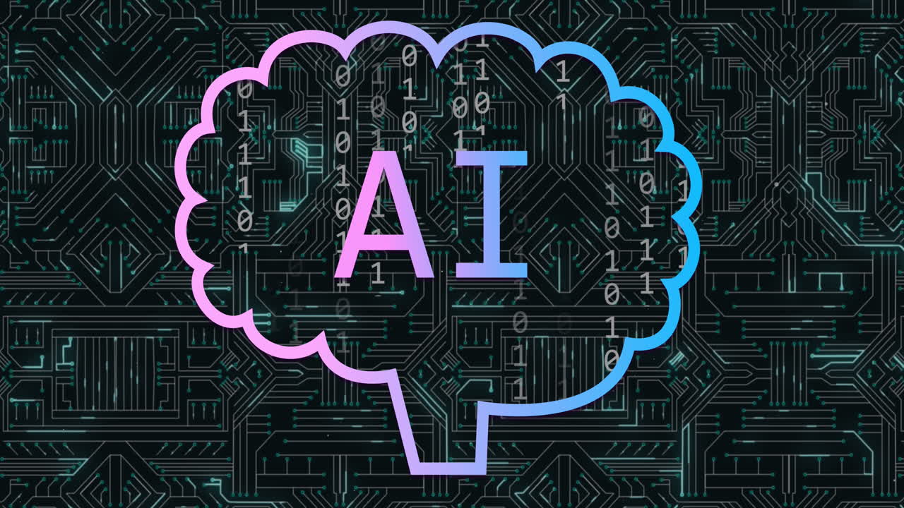Animation of ai text, icons and data processing over circuit board