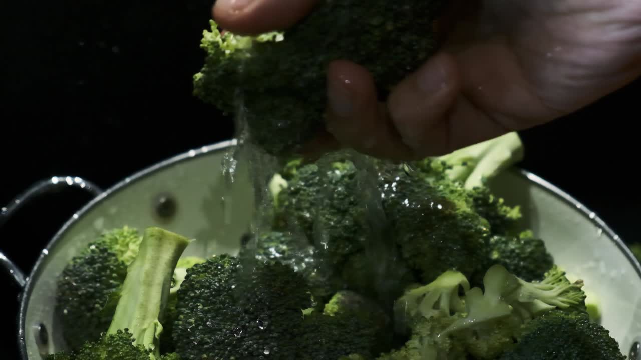 Slowmotion of a hand washing some broccoli under water