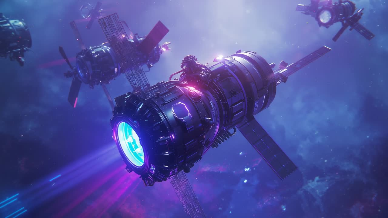 Thruster firing driving cylindrical space module drifting around satellite cluster amid nebula mist