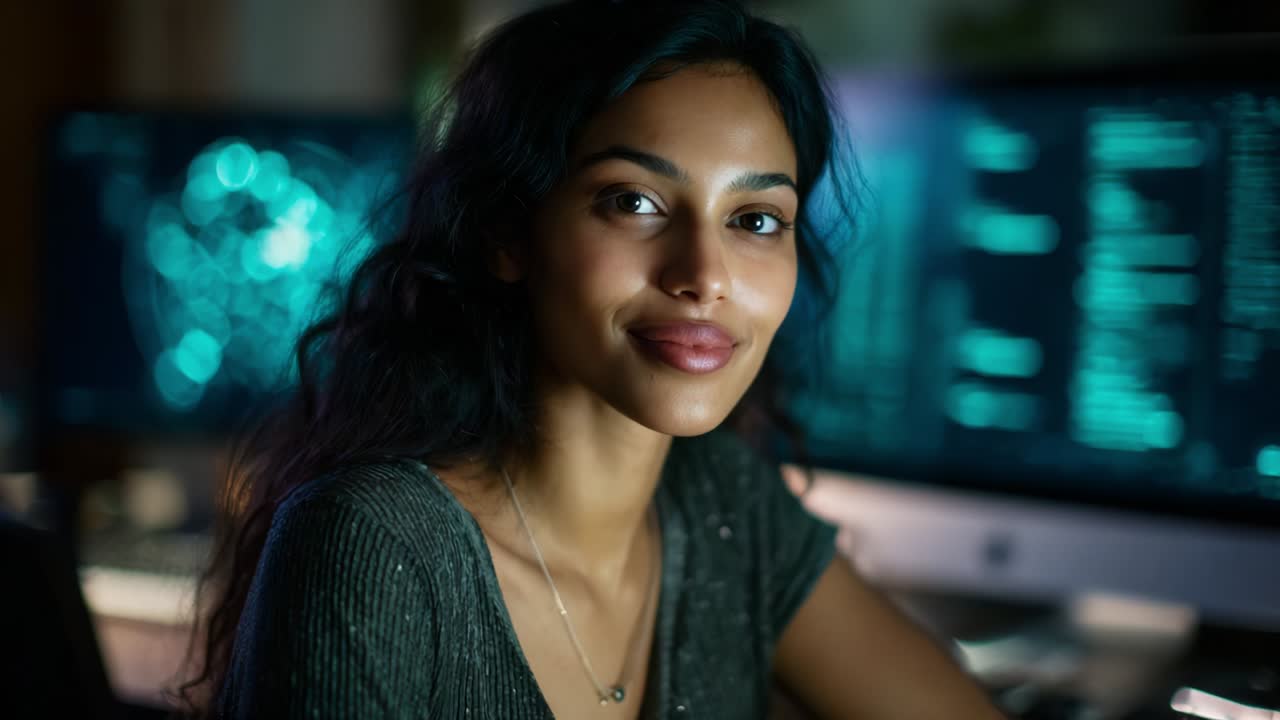 A confident young woman with wavy hair and a captivating smile sits in a dimly lit room filled with computer screens, showcasing her expertise in technology and programming, showcasing her dedication and passion