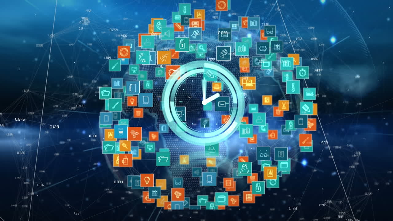 Animation of clock moving over rotating globe made of icons