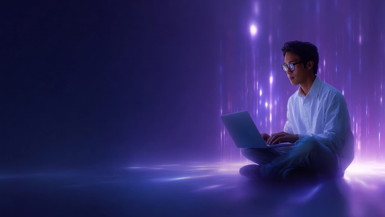 A focused individual sits on the floor, absorbed in their laptop amidst a vibrant backdrop of glowing lights and digital particles, illustrating modern technology's impact