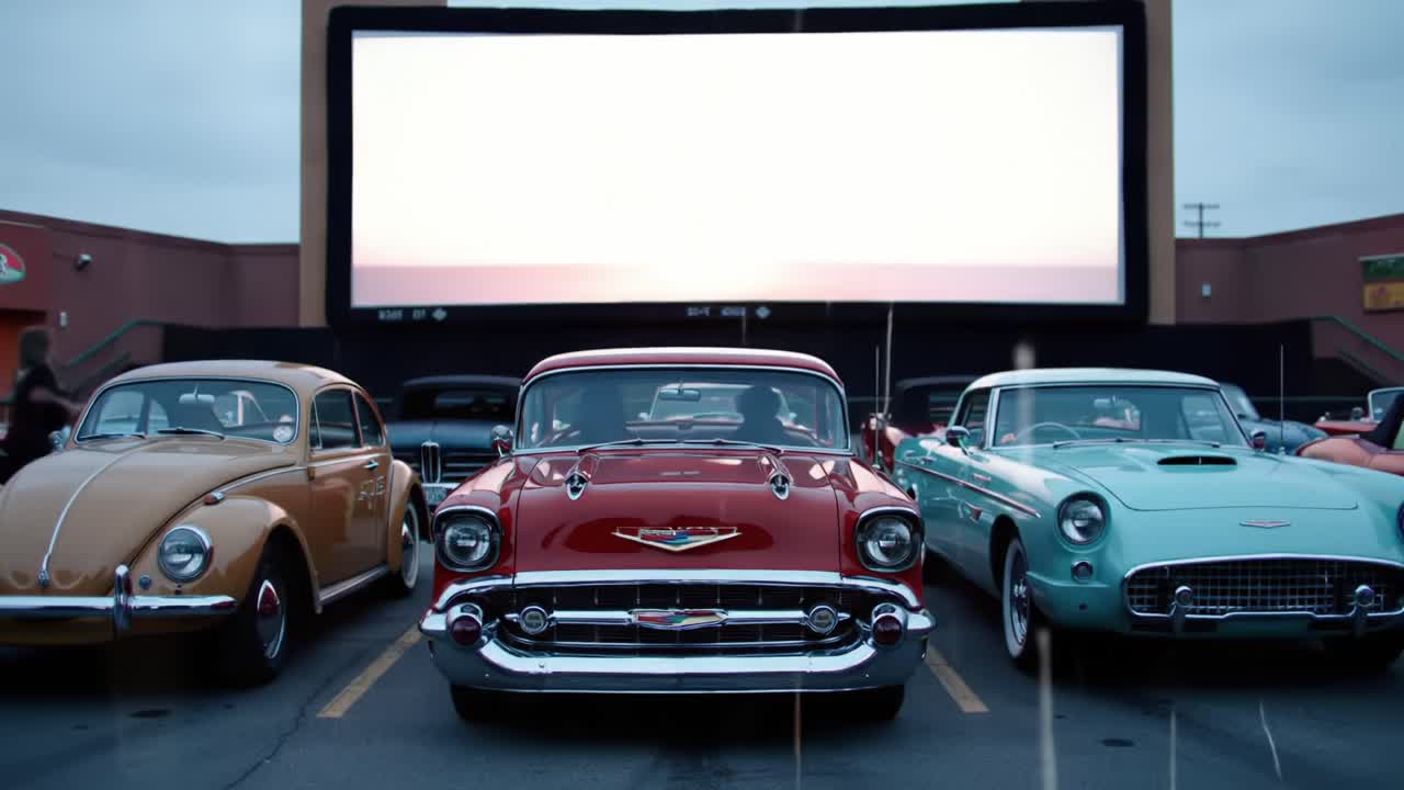 Classic Car Showcase at Drive-in Theater Featuring Vintage Vehicles Under a Sunset Sky