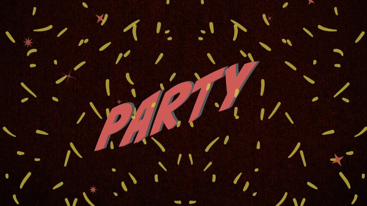 Animation of party text in red, with yellow confetti falling on black background