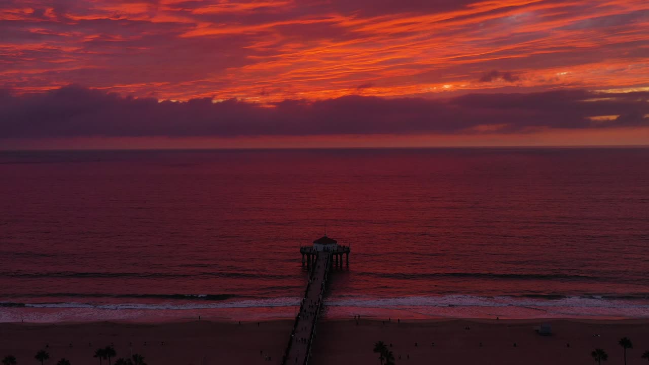 Aerial view of sunset in Manhattan Beach Pier. drone shot