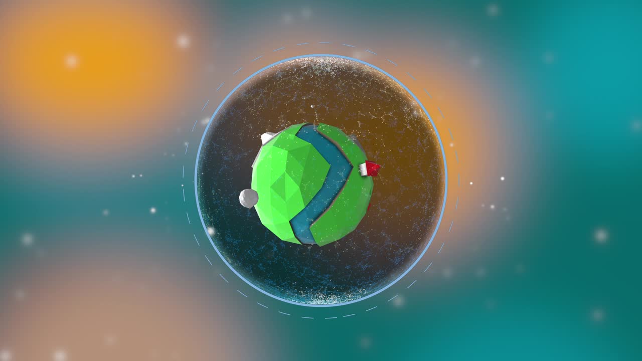 маленькая планета в стиле low-poly вращающаяся внутри своего мини-мира на желто-зеленом фоне.