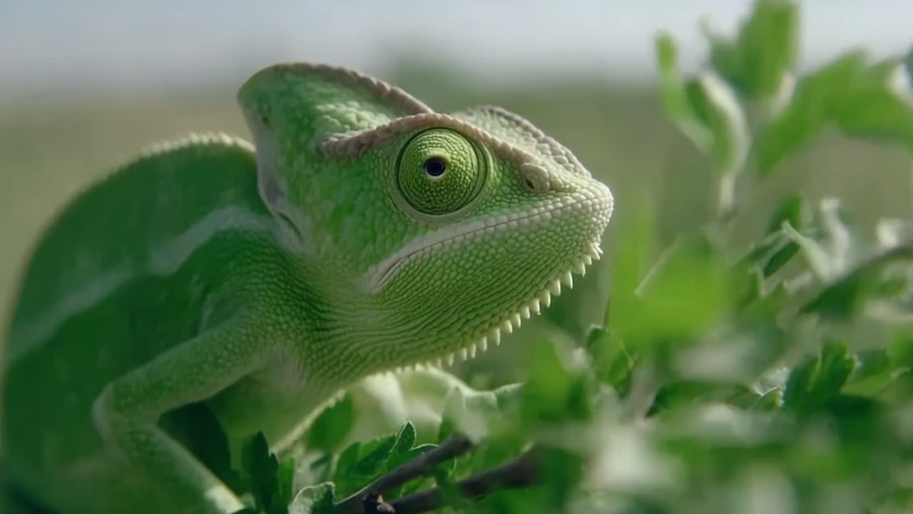 A Close-Up Observation of a Vibrant Green Chameleon Camouflaging Among Lush Foliage in Its Natural Habitat, Highlighting Its Unique Features and Colors