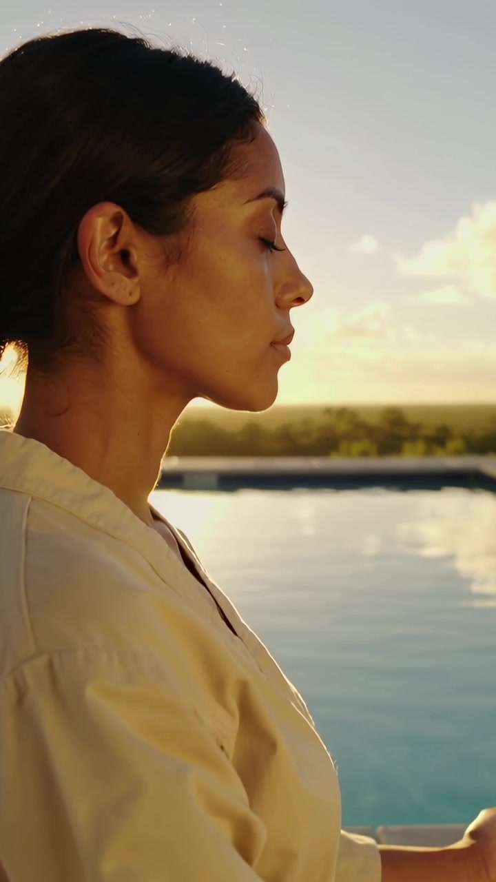 Vídeo vertical: Mulher sentada com roupão bege meditando à beira da piscina ao pôr do sol, câmera se aproximando, espaço para texto.
