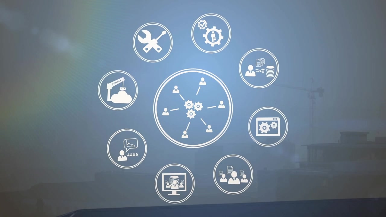 Animation of icons with connections and data processing over cityscape
