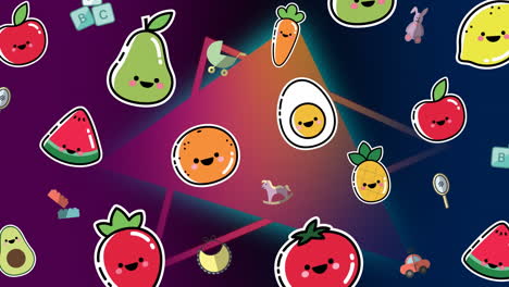 animación de iconos de frutas sobre formas