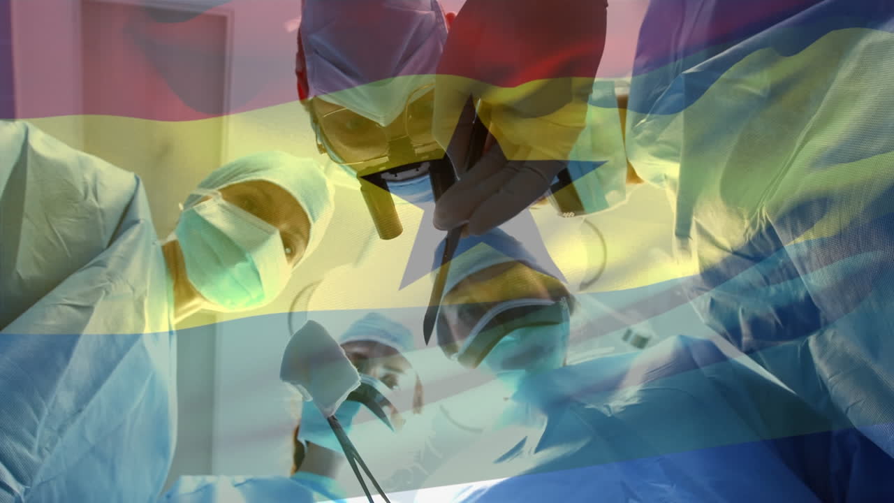 가나  ⁇ 발이 얼굴 마스크를 쓴 외과 의사들 위에서 흔들리는 애니메이션