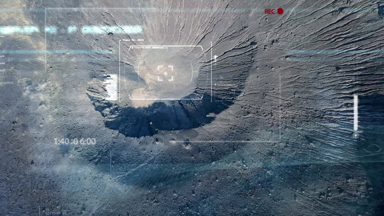 Aerial view of a crater of the moon or a planet in the solar system with augmented reality hologram.