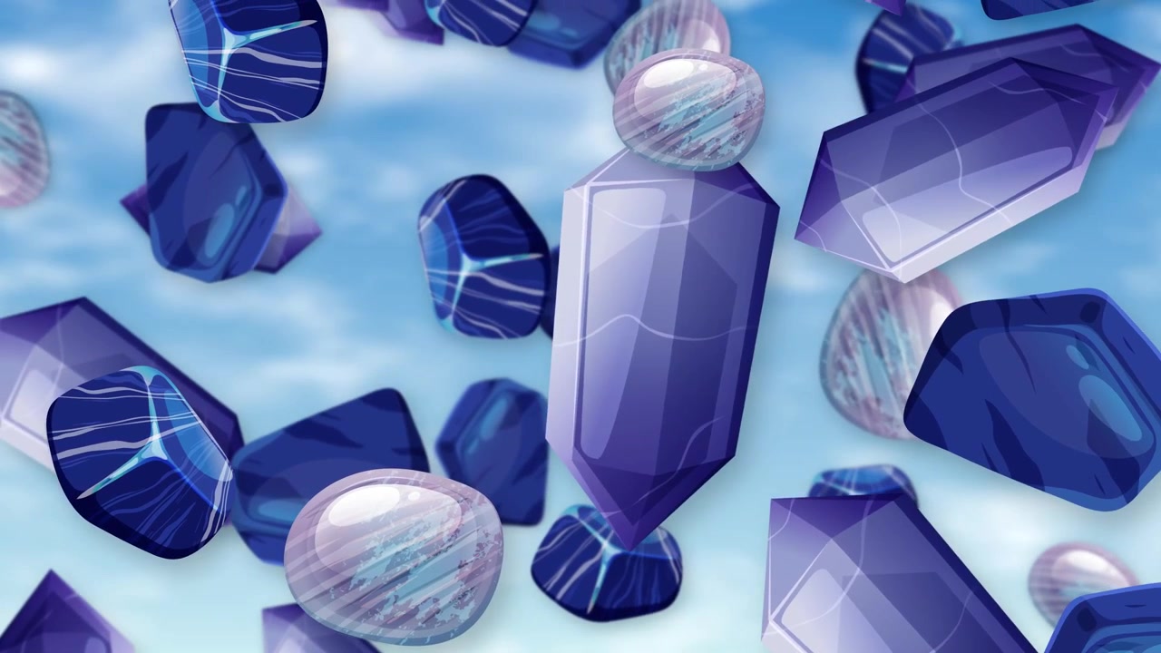 Animated purple crystals and smooth gemstones fall continuously against a bright blue cloudy sky background.