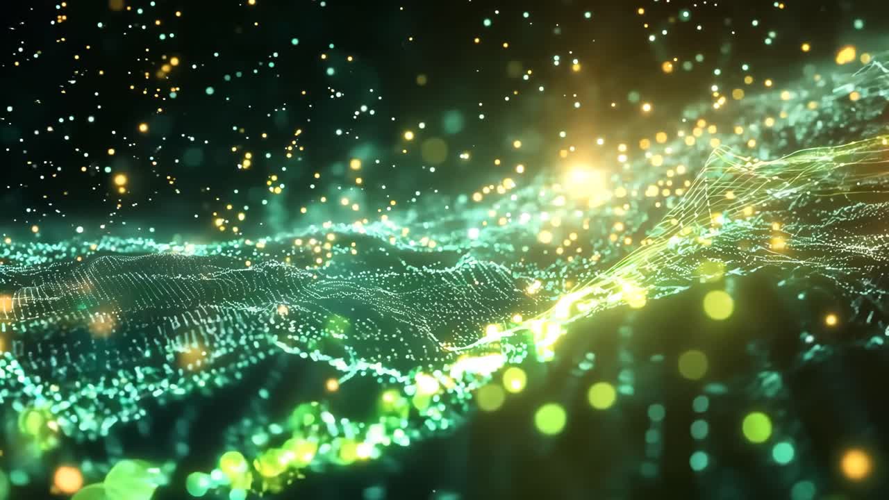 A green and yellow image of a wave with many small dots. The image is of a computer screen and the dots are numbers