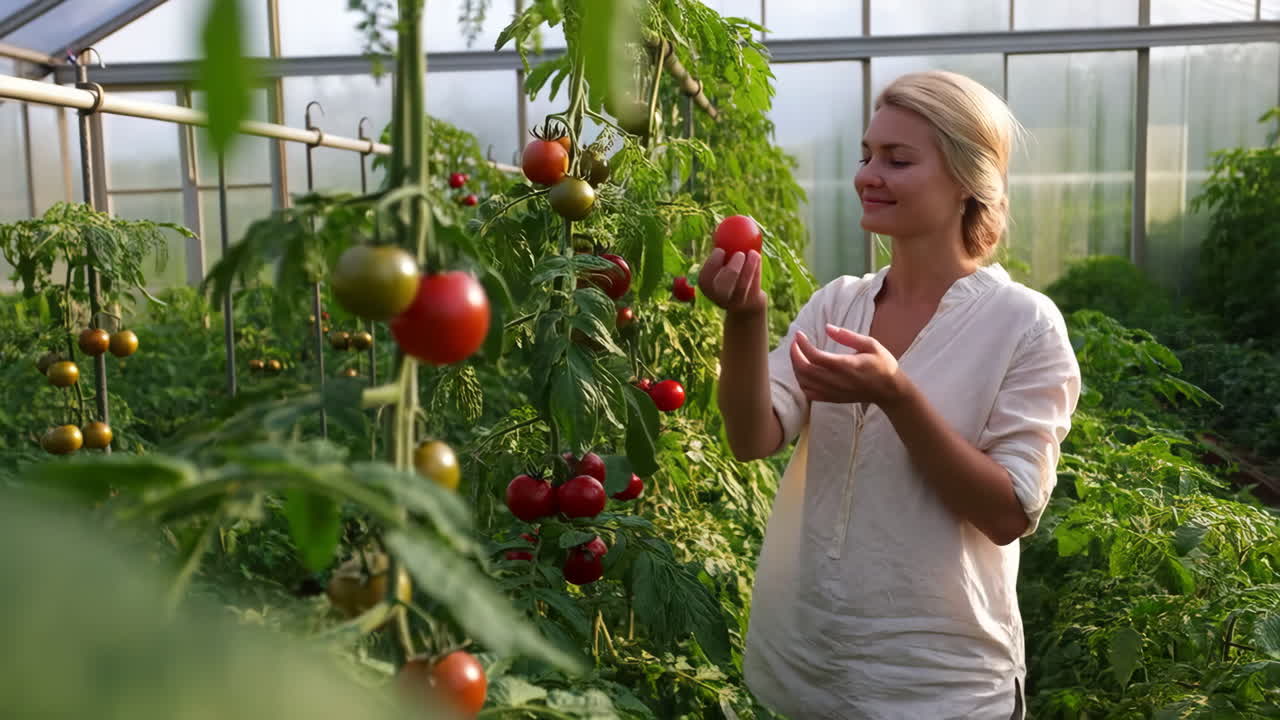 Woman harvesting ripe tomatoes in a greenhouse