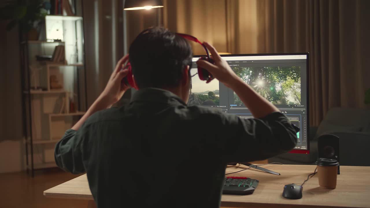 Asian Male Video Editor Start Works With Footage And Sound On His Personal Computer, He Works Late At Night