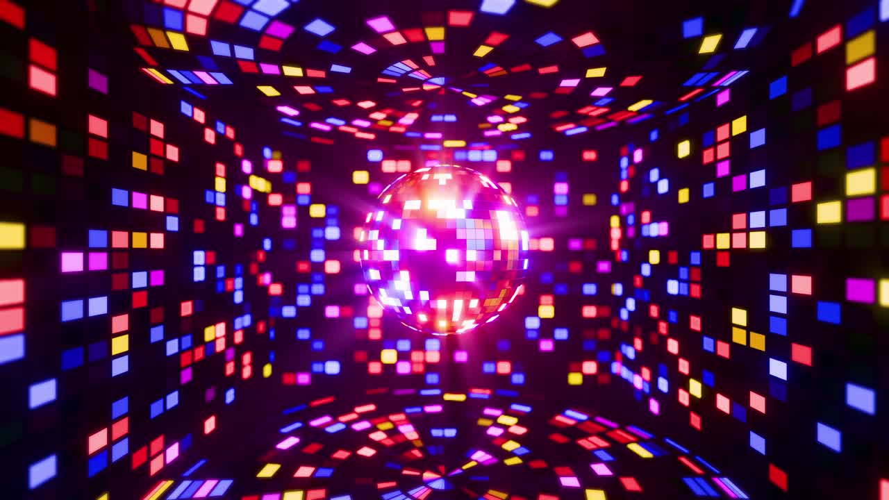 animación vibrante de bola de discoteca con fondo dinámico de píxeles. animación en bucle