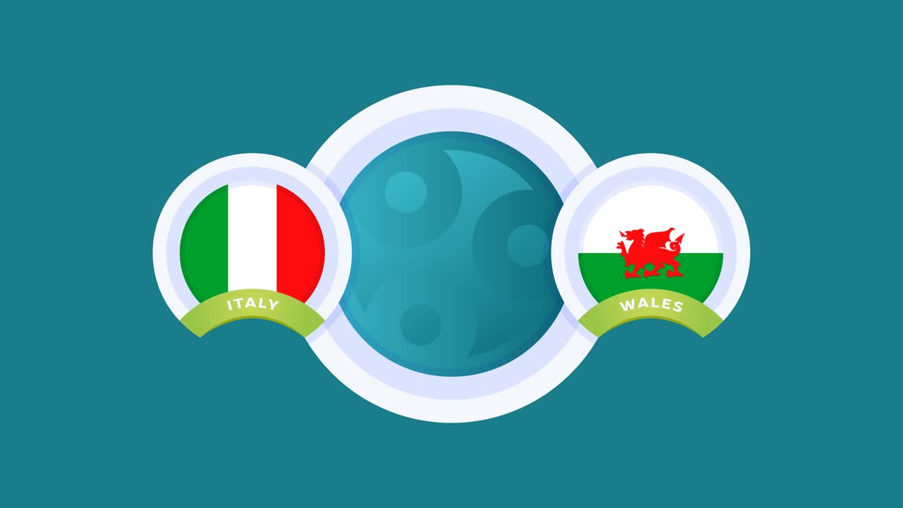 이탈리아와 웨일즈 경기 축구 비디오 애니메이션 축구 2020 챔피언십 경기 폴에 국가 발 대 팀 인트로 스포츠 배경, 경쟁 4k 애니메이션