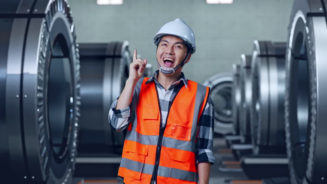 안전 헬을 입은 아시아 남성 엔지니어가 생각하고 주위를 둘러보며 금속 공장에서 서 있는 동안 지표손가락을 들어 올렸다.