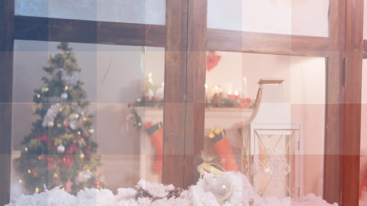 미국  ⁇ 발의 빨간색,  ⁇ 색 및 파란색 사각형의 애니메이션, 크리스마스 트리 및 장식