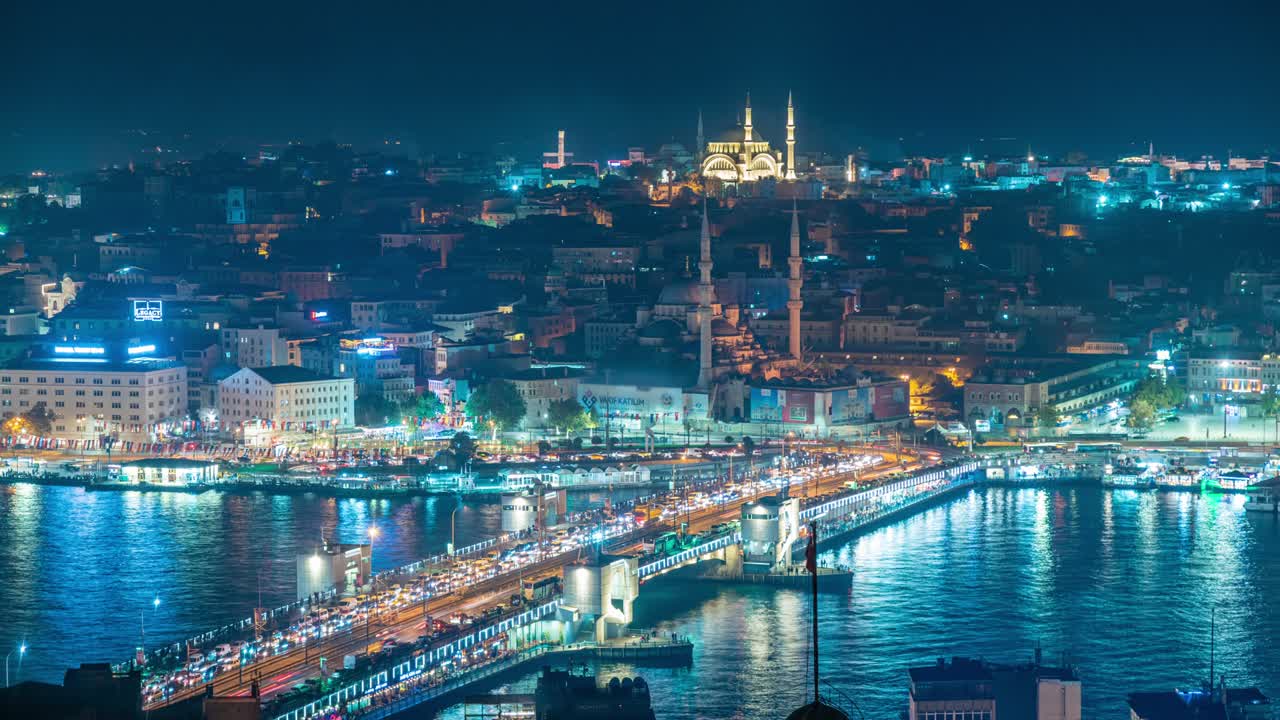 Timelapse Night view of Galata bridge and Tower in Istanbul, Turkey. Galata bridge spans the Golden Horn. Istanbul, Turkey - November 20, 2020.