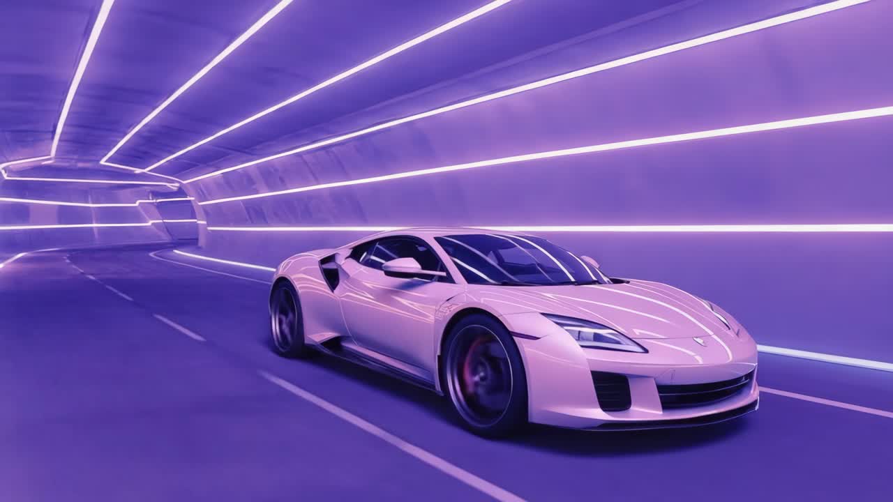 Futuristic Sports Car in a Neon Purple Tunnel