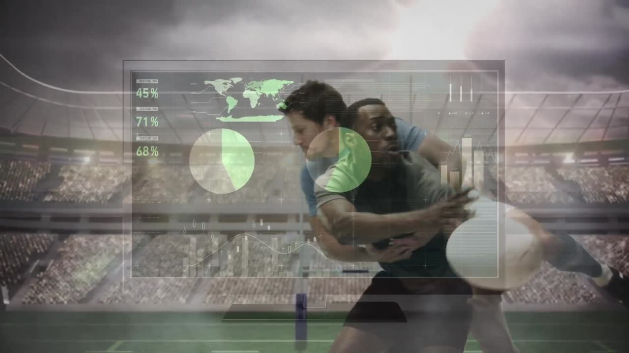 경기장에서 다양한 남성 럭비 선수들을 상징하는 디지털 스크린의 그래프 애니메이션