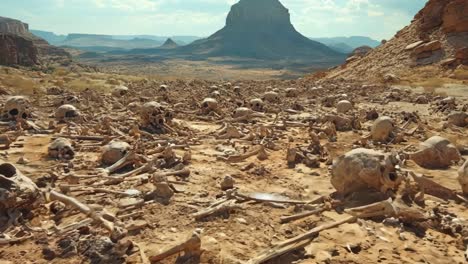 a large pile of skulls and bones in the desert