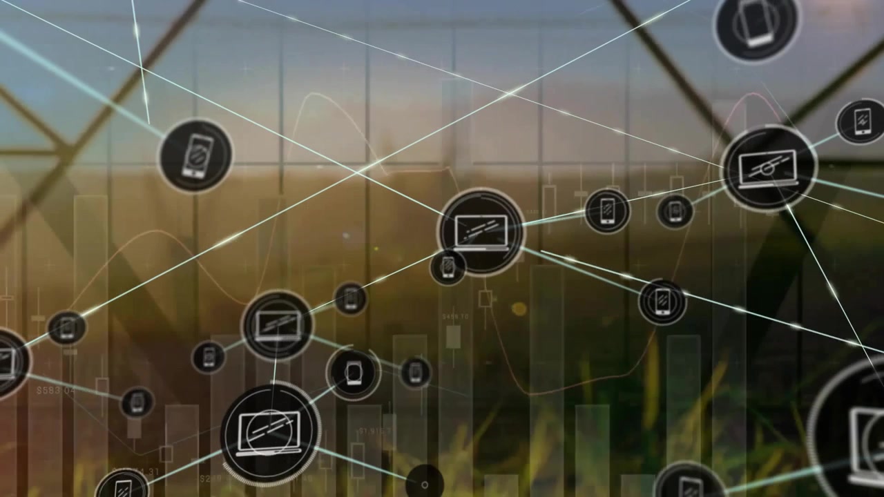 Animation of network of connections with icons over electricity pylons