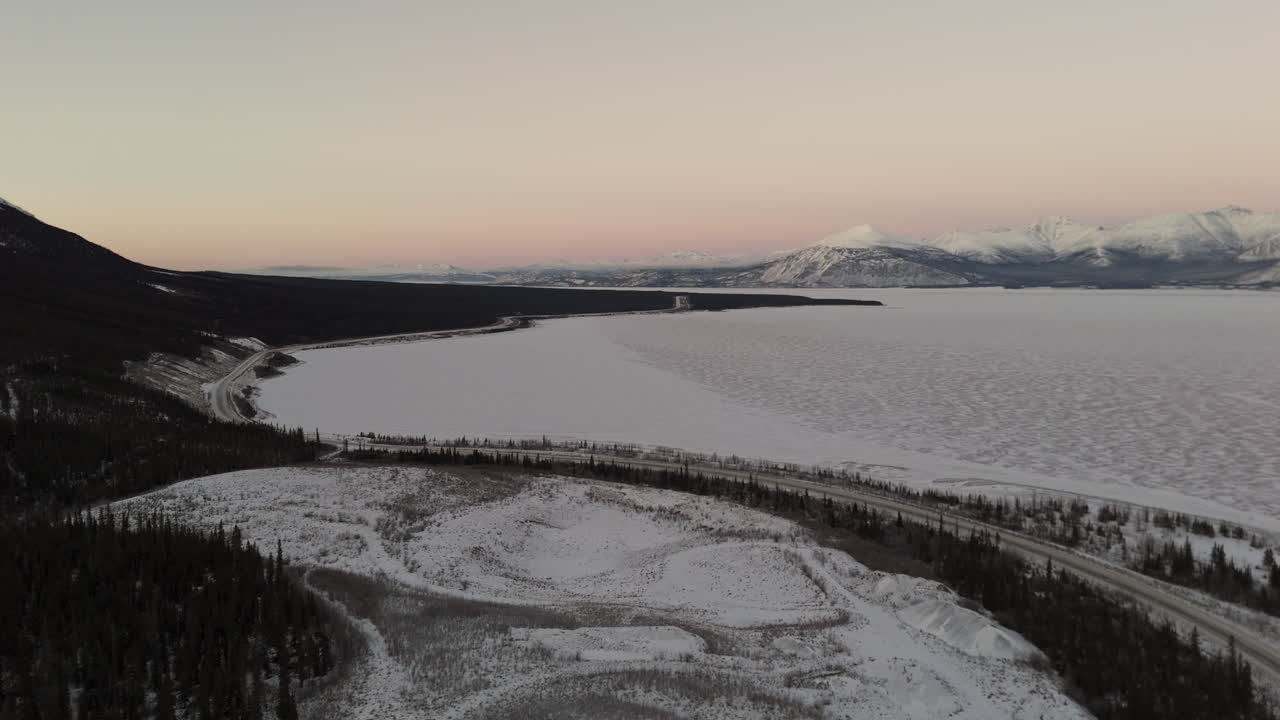Winter Scene Over Destruction Bay Within Kluane National Park In Yukon, Canada. Aerial Drone Shot