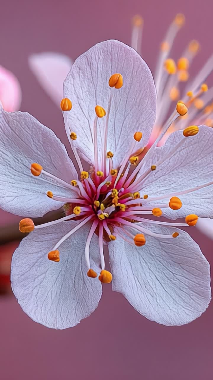 Delicate Blossom of a Cherry Blossom Flower Showcasing Intricate Petals and Vibrant Stamen on a Soft Pink Background, Highlighting the Beauty of Spring's Arrival