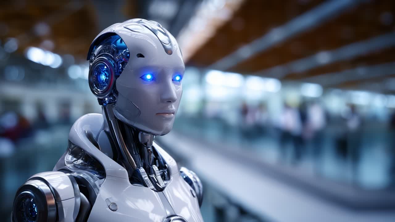 Robot umanoide futuristico con occhi blu sorprendenti in un ambiente moderno, che mostra tecnologia e design all'avanguardia in un contesto sociale avanzato