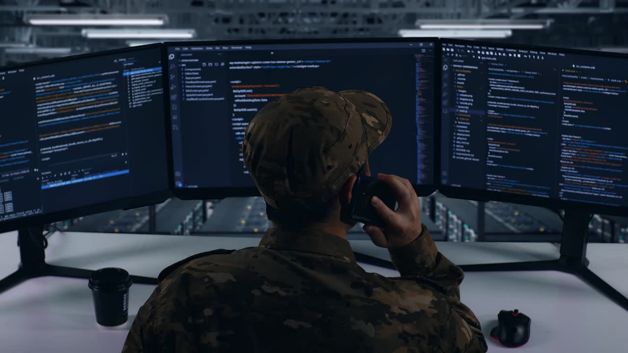 Back View Of Asian Military Talking On Mobile Phone While Write Code With Multiple Computer Screens In Data Center