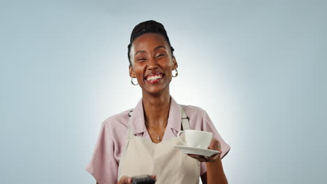 Camarera,-Mujer-Negra-Y-Máquina-Pos-Para-Café