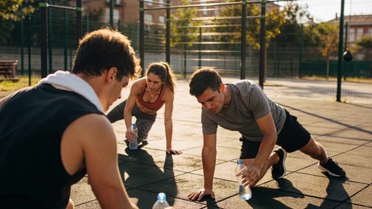 Trío con ropa deportiva bajando botellas de agua en una cancha de goma, hidratándose entre series.