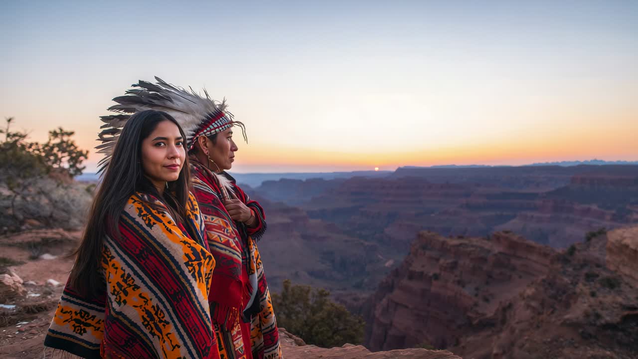 Zwei Personen stehen da und beobachten den Sonnenaufgang über dem Canyon, eine Person öffnet die Augen, ein Mann mit Kopfschmuck und Decken, Platz für Text