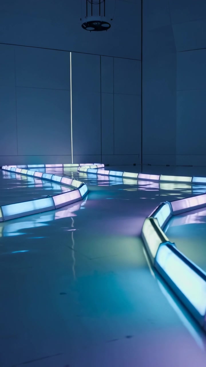 Telecamera che avanza e panoramica rivelando tubi LED curvi su un pavimento lucido di galleria, mostrando la disposizione