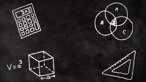 animación digital de múltiples iconos de conceptos matemáticos contra el pizarrón