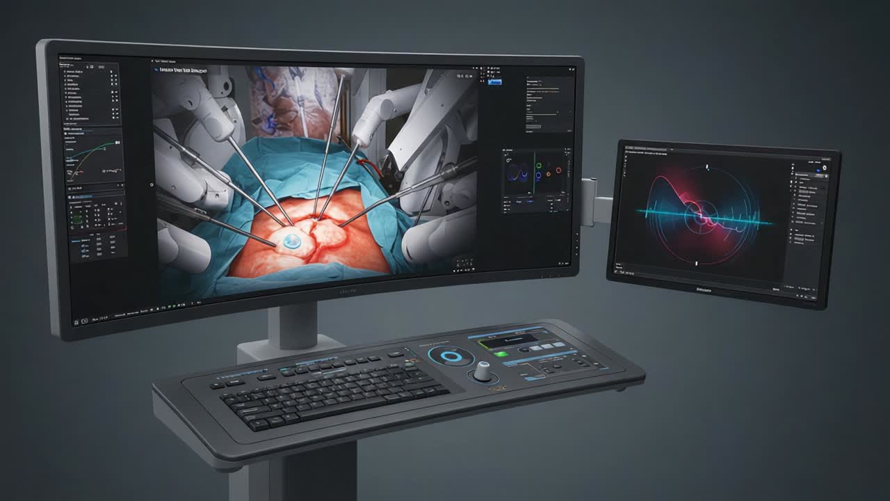 Sistema di visualizzazione chirurgica high-tech: robotica avanzata in azione con monitor dettagliati che mostrano dati chirurgici critici e monitoraggio del paziente