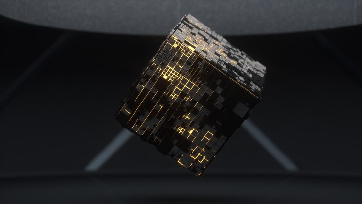 Rotating cube and materials, circuits structure, 3d rendering.