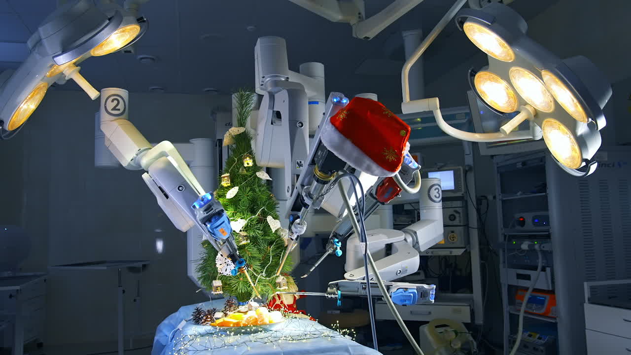 New Year tree in the robotic arms of Da Vinci surgical system. Showing of the possibilities to provide tiny work with the help of robot. Christmas tree and garlands on the operating table.