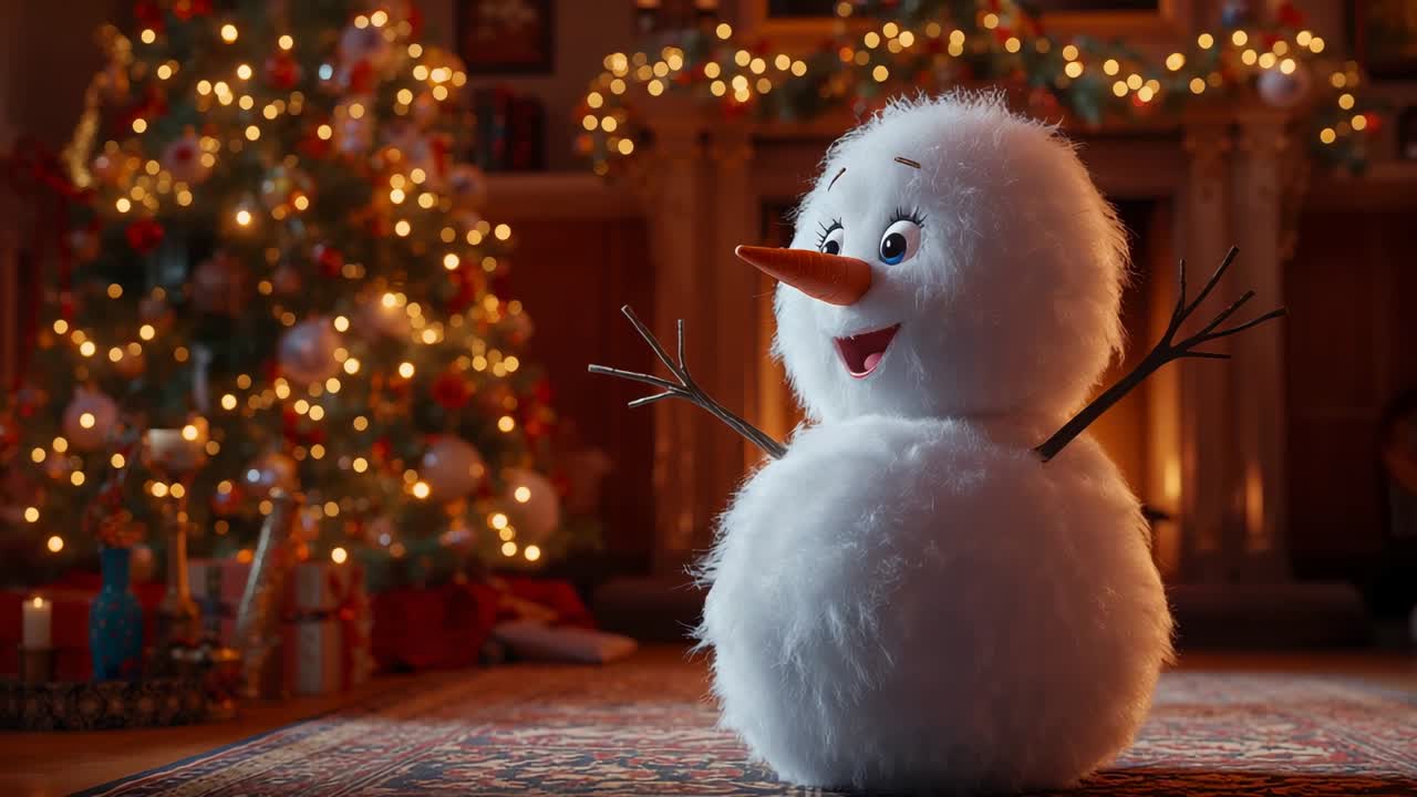 Camera dollying snowman tilting head, smiling in living room with fireplace garland for cheer