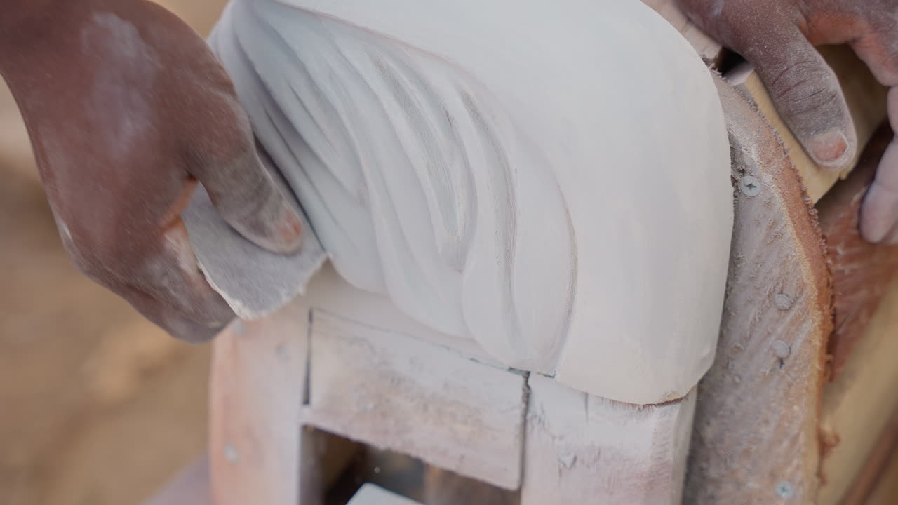 Closeup hands sanding curved wood surface, carpenter smoothing grain with sandpaper, fine dust drifting, precise shaping on bench, warm light, tactile craftsmanship and finish preparation