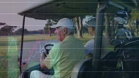 animation of digital data processing over caucasian golf players in caddy on golf course