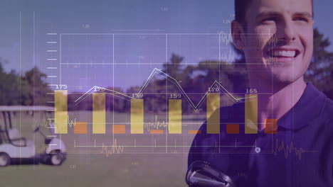 Man holding golf club on golf course, displaying animated charts and data for technology marketing