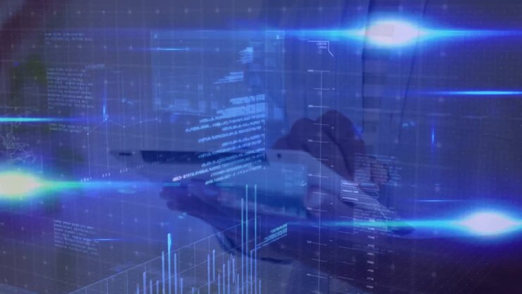 Data processing and spots of light against mid section office colleagues using electronic devices