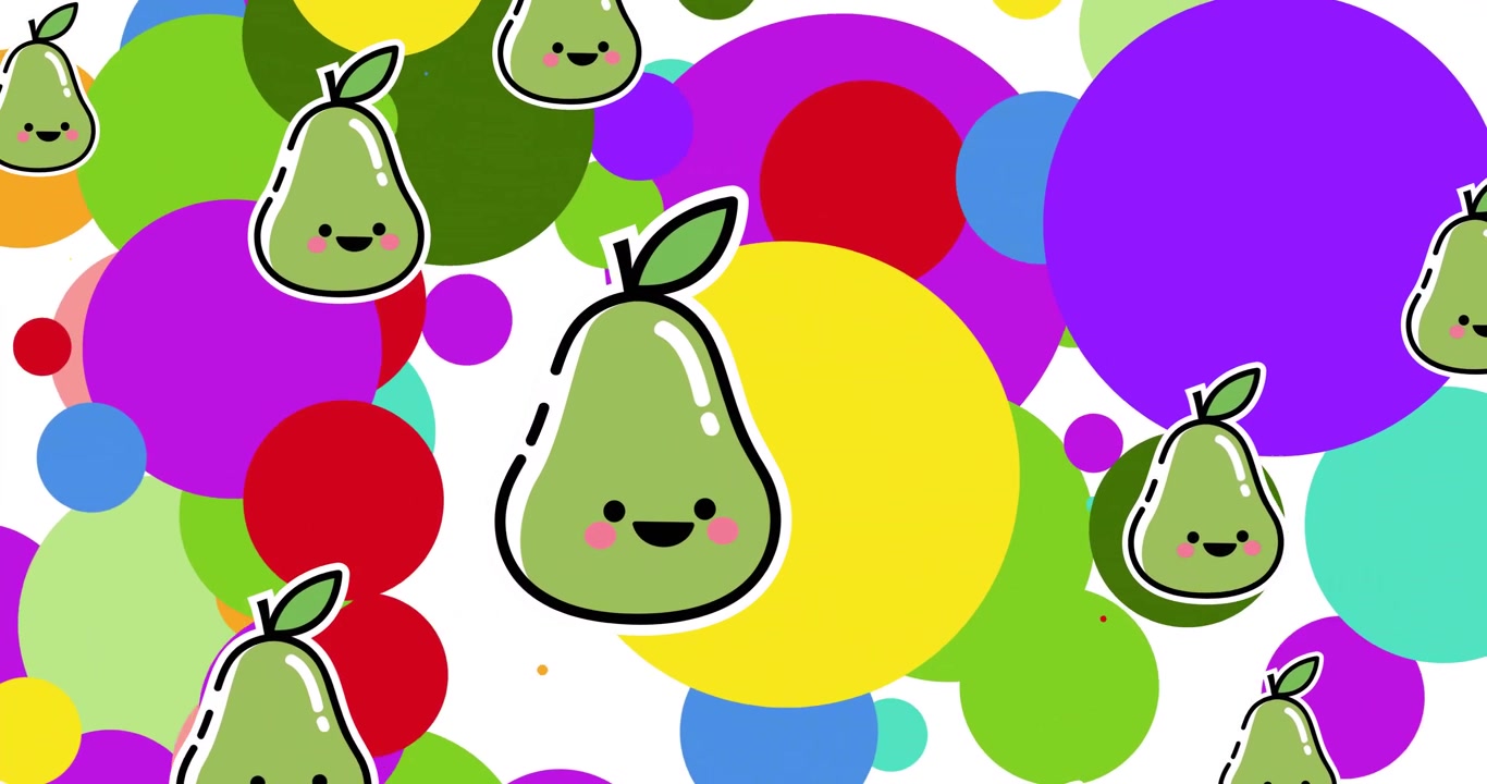 Animazione di pere sorridenti che si muovono su macchie colorate su sfondo bianco.