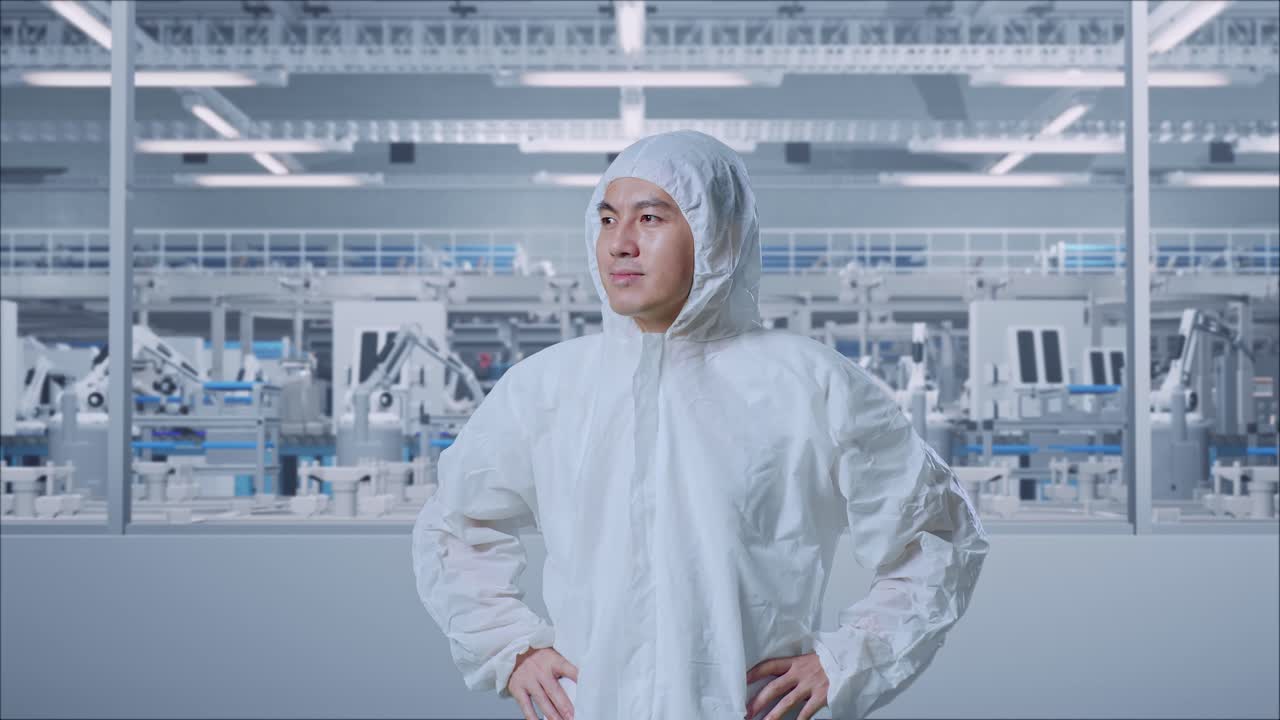 Asian Male Scientist Putting Hands On His Hip And Looking Around In Modern Lab Factory with Automated Robots